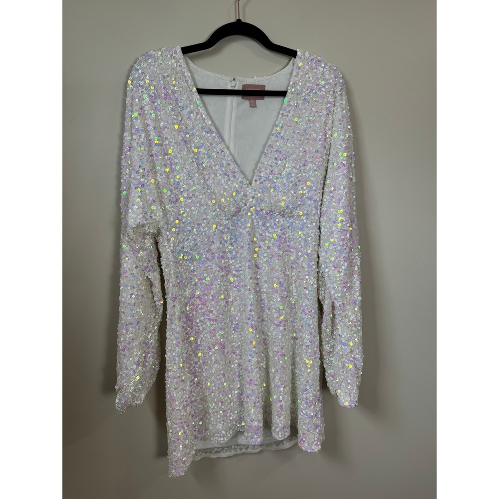 Show Me Your Mumu White Iridescent Sequin Mini Dress Long Sleeve V-Neck XL - Picture 3 of 7